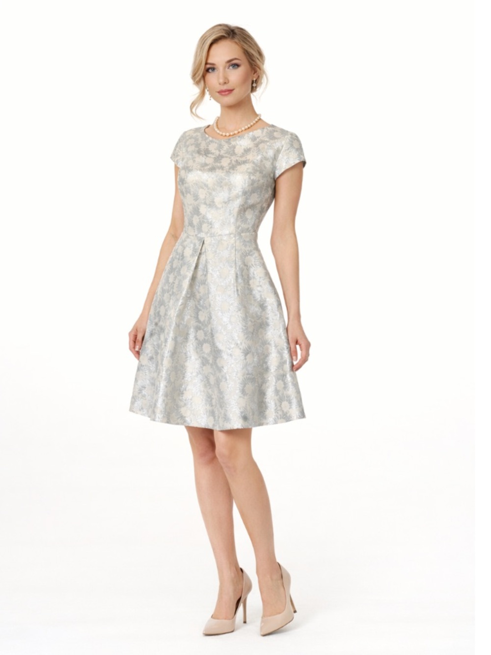 Max Mara Weekend Metallic Silver Brocade Fit & Flare Dress Party Wedding Mini
